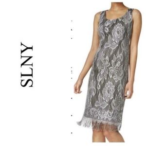 SLNY Fringe Lace Silver Shimmer Shift Party Dress